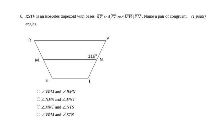 Rstv is an isosceles trapezoid with bases