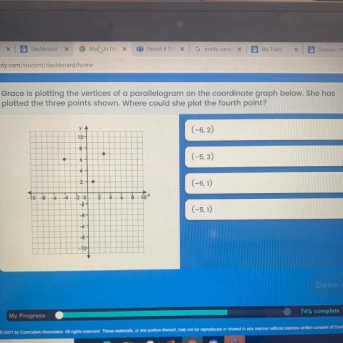 Grace is plotting the vertices of a parallelogram