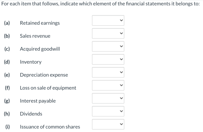 Indicate category item solved each below which statements financial elements answer problem been has